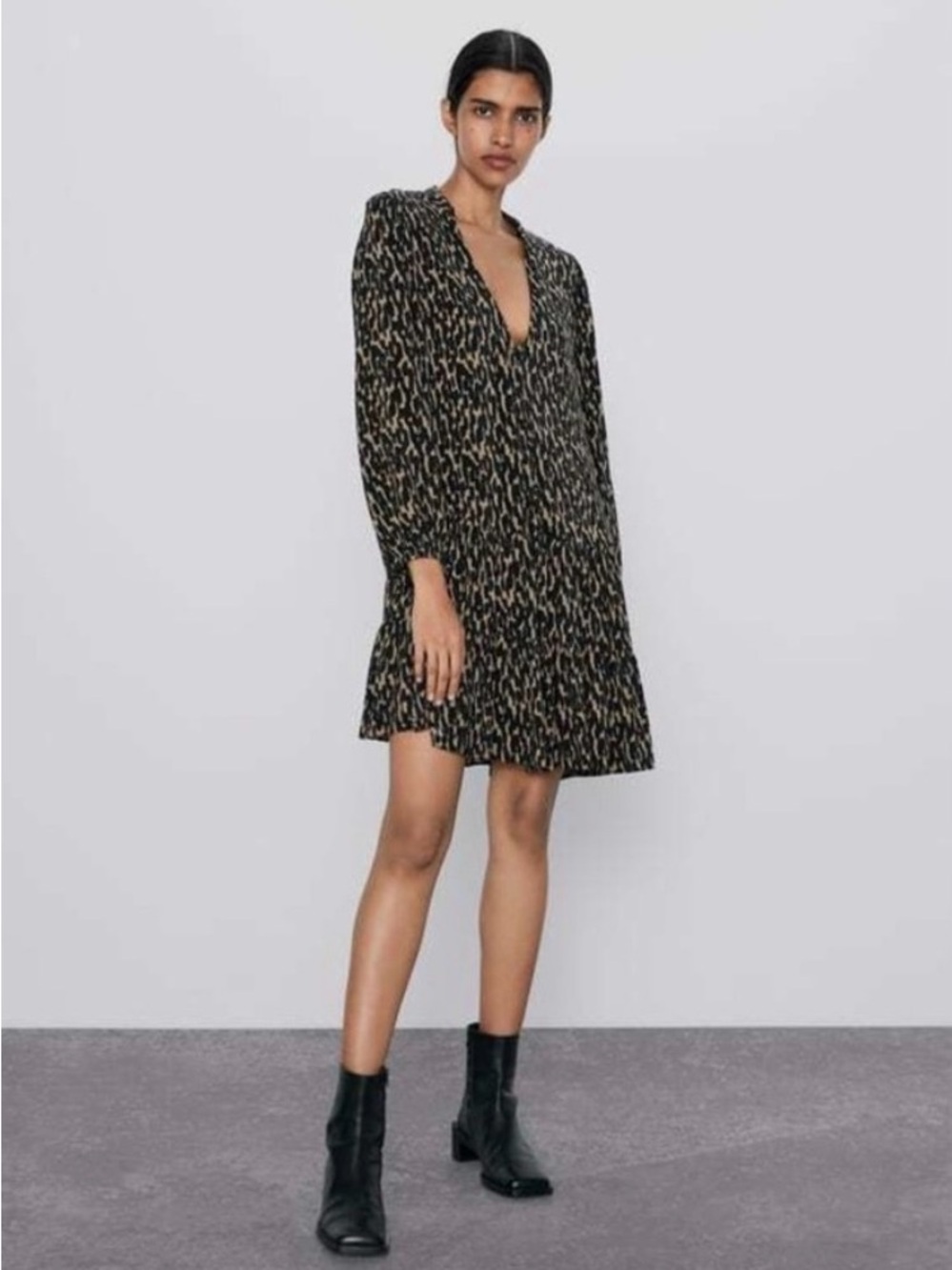 ZARA | Black and Tan Button Front Tiered High-Low Dress